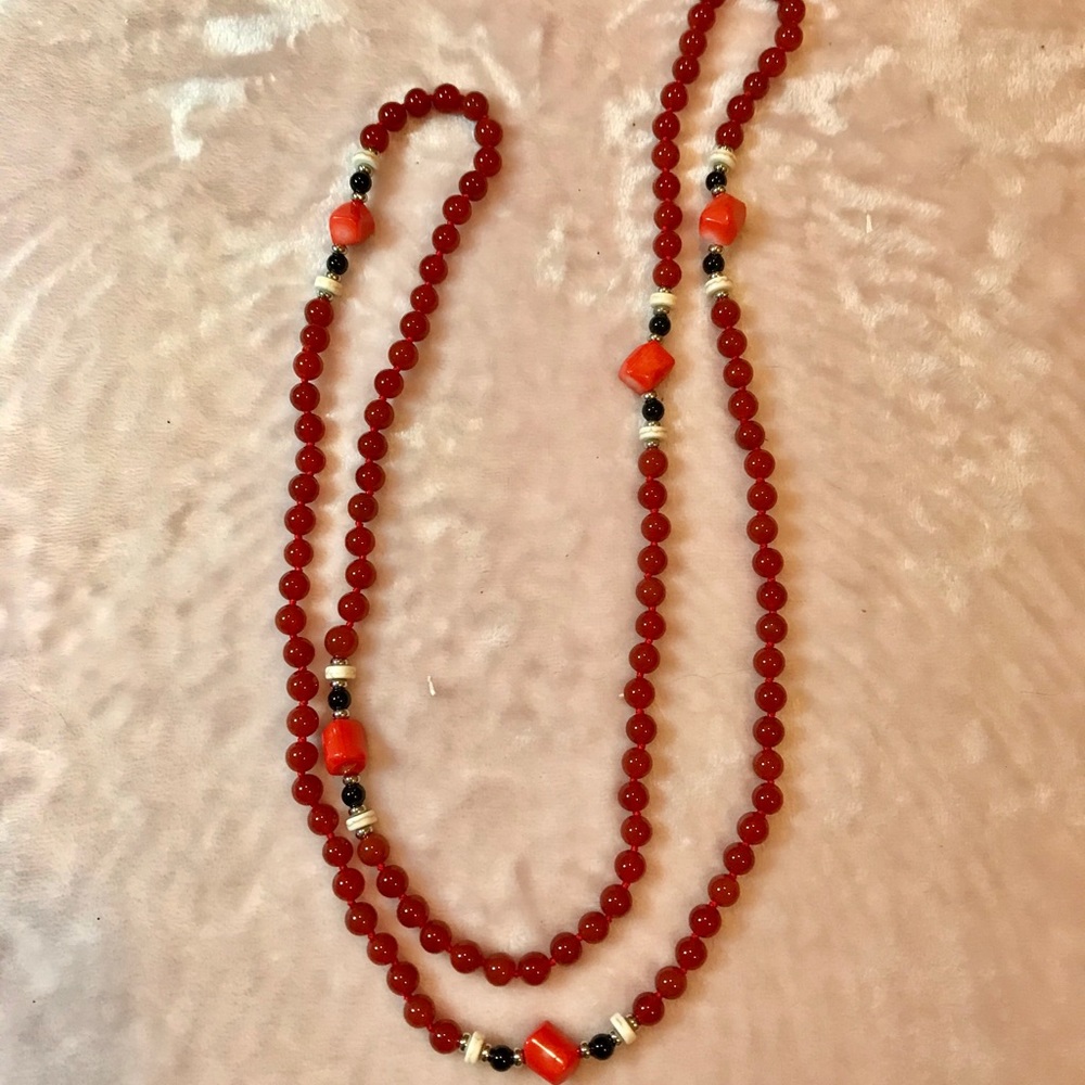 48 inch Carnelian and glass bead necklace